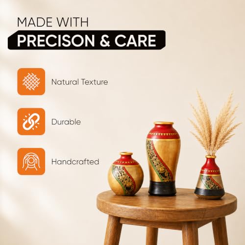 Image of Aakriti Art Creations Mud Red Earthen Miniature Vases with Madhubani Art Set of 3 | Hand-Painted Terracotta Flower Vases | Matte Finish Decorative Vases for Living Room, Table Decor & Gifting