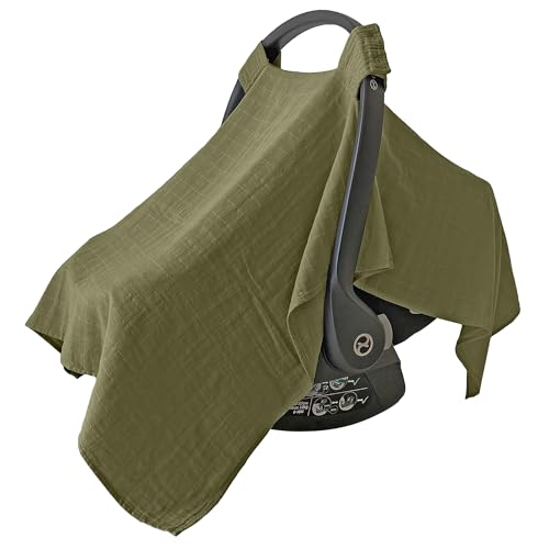 Image of MOZAH Baby Car Seat Cover - Olive Green- 100% Organic Muslin - Soft, Breathable and Lightweight, Baby Infant Car Seat Essentials