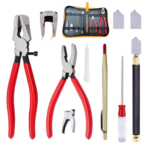 PUWANY Glass Cutters Tools Set Glass Cutting Tool kit Glass Cutter Glass Running Pliers Breaker Grozer Pliers Stained Glass Tools with Curved Jaws Zipper Package