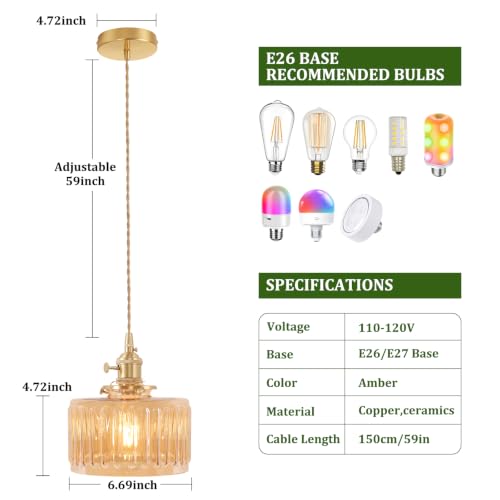 Image of Shenmoyl Pendant Light 2 Pack with Amber Striped Glass Lmapshade, Brass Vintage Pendant Light Adjustable Hanging Light for Kitchen Island Dining Room Hallway