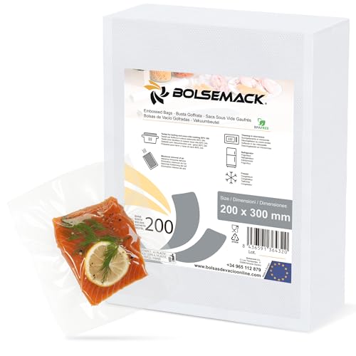 Bolsa gofrada envasado al vacio 200x300 mm. (20x30 cm.) 200 uds. Bolsas de vacío para alimentos | Compatibles con todo tipo de envasadora al vacío doméstica | Aptas para cocina sous vide | Sin BPA