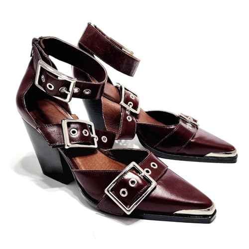 MAVMAX Strappy Heels Western Sandals for Women Chunky Heel Pumps Thick Closed Pointed Toe Heels Metal Buckle Strappy Shoes4
