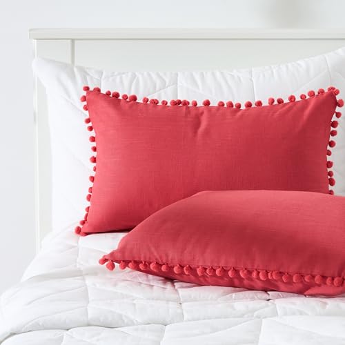 Image of 100% Cotton Pom Pom Cushion Without Filler, Elegant & Modern Cushion Cover for Living Room, Rectangle, 12 inchx20 inch, uni slub, Set of 5 - Viva Magenta
