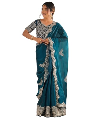 Image of Satrani Women's Tissue Silk Sequin Embroidery Scalloped Border Saree with Unstitched Blouse Piece