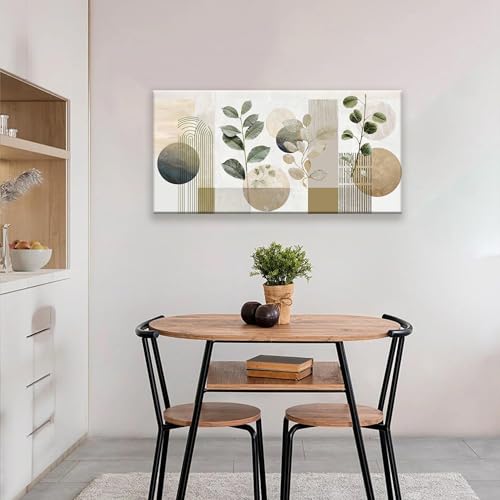 Image of Green Boho Wall Art Minimalist Canvas Green Wall Art Decor For Living Room Geometric Line Leaf Beige Canvas Artwork Print Paintings Botanical Pictures for Bedroom Office Home Wall Decor 20 inchX 40 inch