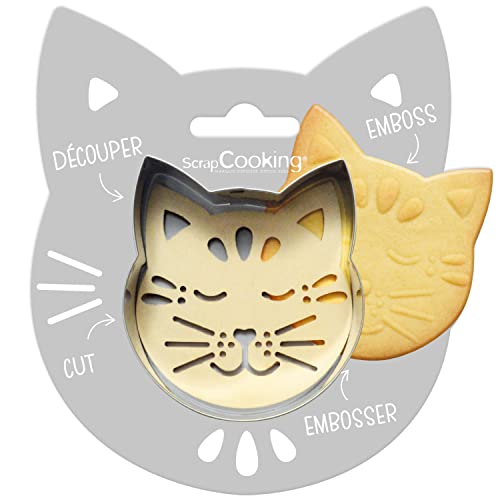 ScrapCooking - Kit Découpoir + Embosseur Bois Chat - Emporte-Pièce en Inox pour Biscuits en Relief - Moule Accessoires Pâtisseries Sablés - 2093