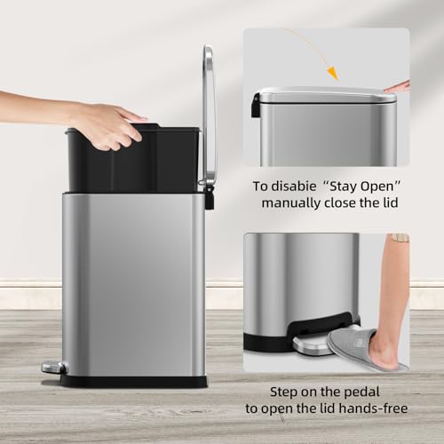 Image of KUK Slim Bathroom Trash Can with Lid, 2.6 Gallon (10 L) Stainless Steel Step Small Garbage Can with Removable Inner Bucket, Soft Close, Anti-Fingerprint Finish (Silver)