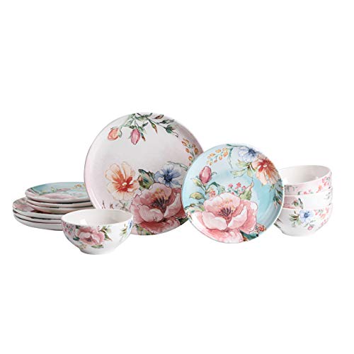 Bico Margret's Garden Ceramic 12 Pcs Dinnerware Set, Service For 4, Inclusive Of 11 Inch Dinner Plates, 8.75 Inch Salad Plates And 24Oz Cereal Bowls, For Party, Microwave & Dishwasher Safe #TOP22