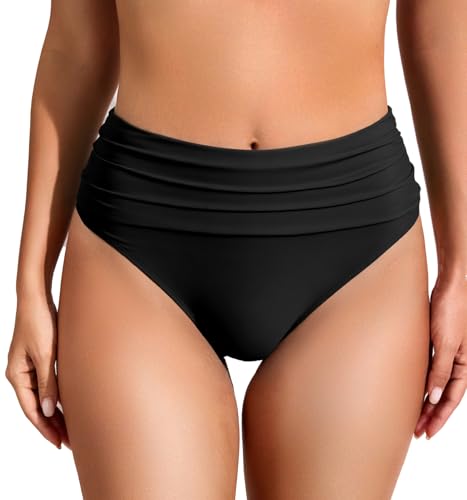 Image of COCOPEAR Full Coverage Bikini Bottoms for Women Mid Rise Bathing Suit Bottoms for Women Ruched Tummy Control Swim Bottoms