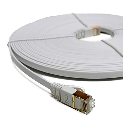 Tera Grand - 50Ft - Cat7 10 Gigabit Ethernet Ultra Flat Patch Cable For Modem Router Lan Network, Gold Plated Shielded Rj45 Connectors, Faster Than Cat6A Cat6 Cat5E, White #TOP7