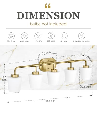 Image of Bathroom Light Fixtures Over Mirror, 5-Light Brushed Gold Vanity Lighting Fixtures with Milk White Glass, 38inch Farmhouse Champagne Bronze Wall Sconces Lighting, AD-22004-5W-GD
