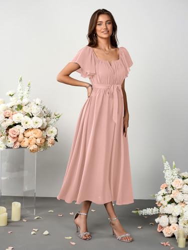 Image of SCOMCHIC Women Summer Maxi Dress Flutter Short Sleeve Square Neck Belted Casual A Line Flowy Wedding Guest Long Dresses