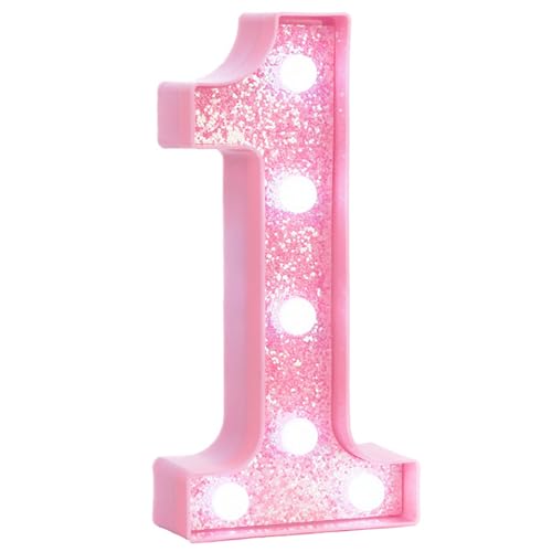 Image of Pink Light Up Marquee Numbers, Glitter LED Number Lights Signs Battery Operated for Girls 1st 10th 12th 16th Pink Birthday Party Table Decorations, 8 Inch Tall Number 1 with Cool White Lights