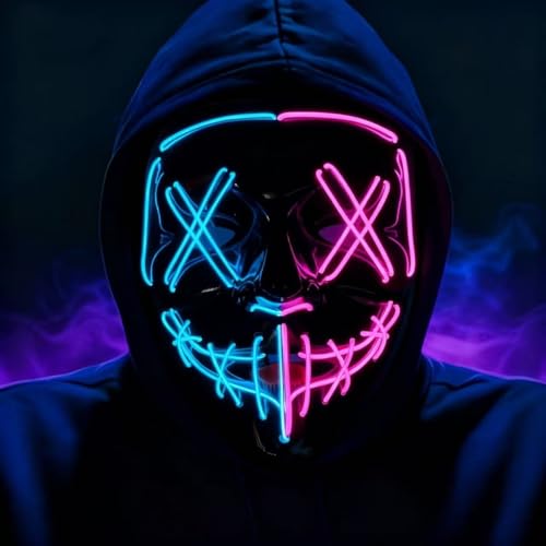 QISHENG Máscara de Halloween LED fantasia de Halloween LED Glow Scary Light Up Purge máscaras para festival festa carnaval disfarce de Natal cosplay brilha no escuro (azul gelo rosa)