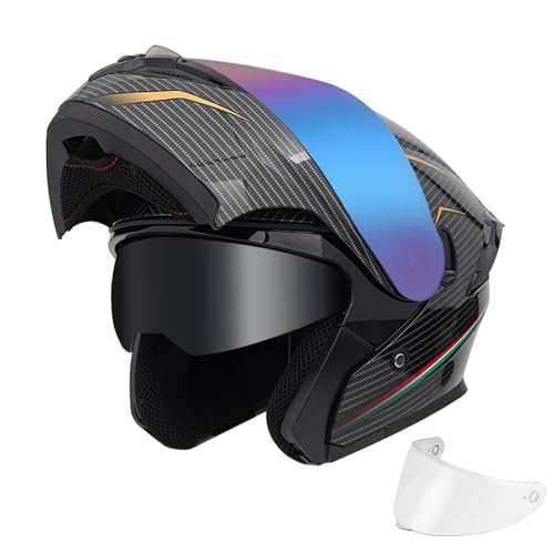 JQF Gear Modular Motorcycle Helmet Dual Visor Flip Up Full Face Helmets FF808 DOT Approved for Adults Men Women (Line Carbon-Fiber Pattern, L)