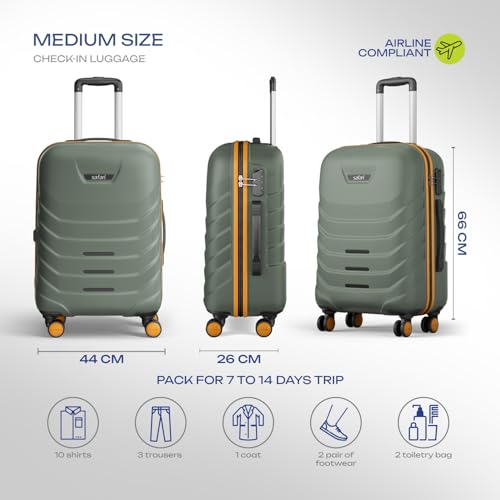 Image of Safari Medium Crescent 8 Wheels 66cm Check-in Trolley Bag Hard Case Polycarbonate 360 Degree Wheeling System Luggage, Travel Bag, Suitcase for Travel, Trolley Bags for Travel, Thyme Green