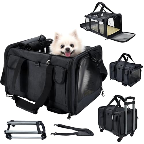 Rolling Airline Approved Pet Carrier with Wheels, Cat and Dog Carrier for Small Dogs and Cats Under 22 LBS, Pet Travel Carrier with Telescopic Handle and 360° Wheels