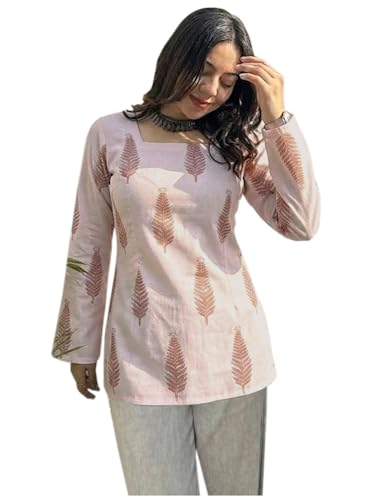 Image of ANNI Designer Women's Viscose Blend Printed Short Kurti | Straight Fit Casual Ethnic Top | Square Neck 3 /4 Sleeve Kurta Office College