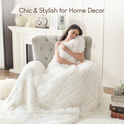 Image of Cottonblue Fluffy Weighted Blanket 20lbs, Luxury Fuzzy Faux Fur Weighted Blanket Throw for Adults, Long Fur Shaggy Snugly Blanket Cosy Winter Blanket for Home Decor, 60 inchx80 inch, Cream White
