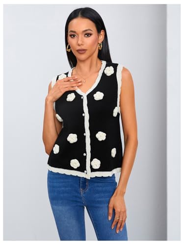 Image of MakeMeChic Women's 3D Floral Pearls Crochet V Neck Button Down Sleeveless Sweater Vintage Vest Knitwear Black Small