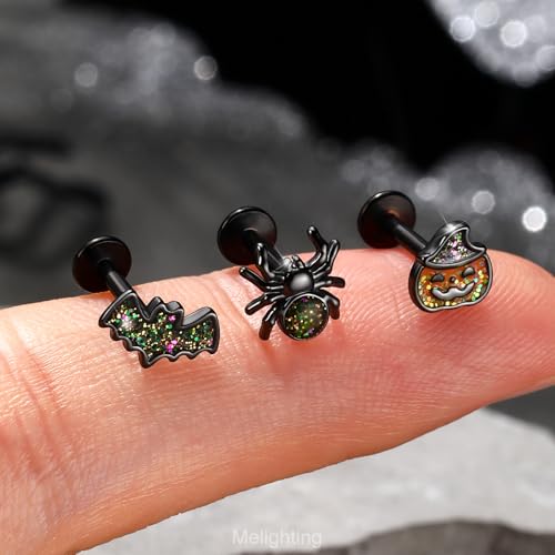 MeIighting 3PCS 16G Black Helix Earrings, 8 mm Internally Threaded Bat Cartilage Piercing Stainless Steel 316L, Halloween Pumpkin Spider Tragus Flat Back Lobe Stud For Women2