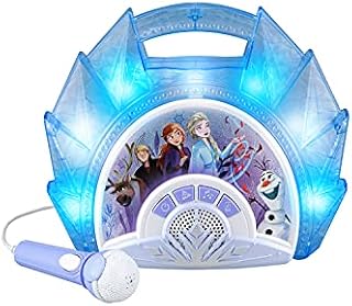 eKids Frozen Sing Along Boom Box Speaker with Microphone for Fans of Frozen Toys for Girls, Kids Karaoke Machine with Built in Music and Flashing Lights, Blue, 3.5mm Audio Jack
