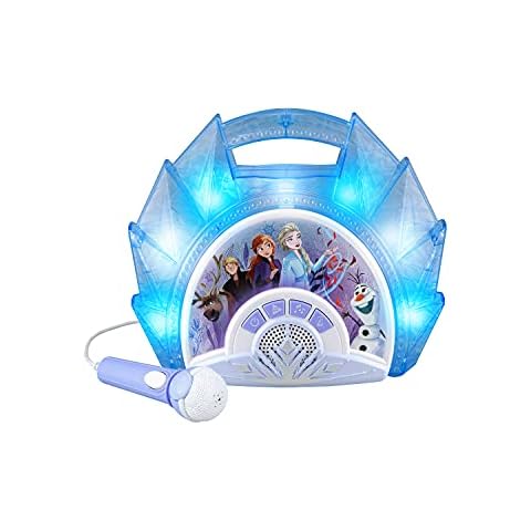 eKids Frozen Sing Along Boom Box Speaker with Microphone for Fans of Frozen Toys for Girls, Kids Karaoke Machine with Built in Music and Flashing Lights, Blue, 3.5mm Audio Jack Cover