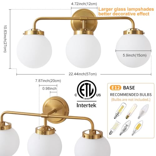 Deyidn Gold Bathroom Vanity Light Fixtures Over Mirror, 22.4'' Modern Brass 3 Lights Wall Sconce with Milky Glass Ball Shade, Mid Century Farmhouse Vanity Lighting by Deyidn - Used condition - Image 2