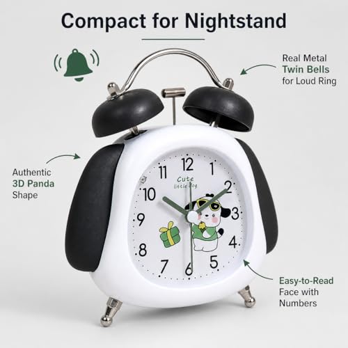 Image of HOME SKILL Alarm Clock Cute Panda Twin Bell, Super Silent Non-Ticking Analog Clock with Backlight, Loud Alarm for Heavy Sleepers, Best for Kids Room, Decor, for Boys & Girls.