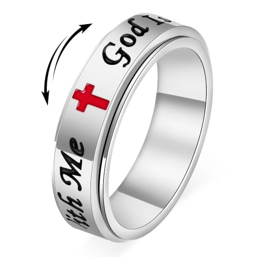 LuckyAmor Spinner Fidget Ring for Women - God is With Me Stainless Steel Anxiety Ring and Faith Cross Design for Adults Stress Relief Christian Jewelry for Daily Comfort & Gift (Silver 6)