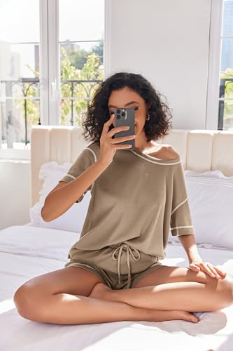 Image of Ekouaer Women's Waffle Knit Two Piece Lounge Set, Soft Matching Outfits for Daily Wear, Casual Shorts Set with Pocket