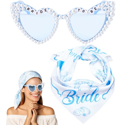 Bride Bandana and Blue Heart Sunglasses Set, Bride to Be Head Scarf Headband Something Blue Bachelorette Party Decorations Favors Accessories Bridal Shower Wedding Bridesmaid Gifts