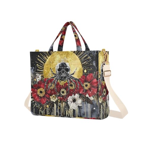 Skull Floral Sun Tote Bag for Women Corduroy Handbag Purse Shoulder Bag with Detachable Strap Small Size2