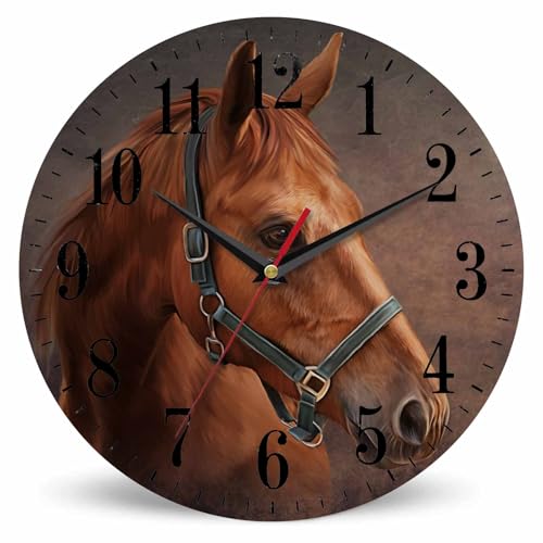 Mxocom Horloge murale cheval marron portrait peinture à l'huile 25,4 cm silencieuse sans tic-tac horloge ronde vintage horloge ronde pour salon, chambre à...