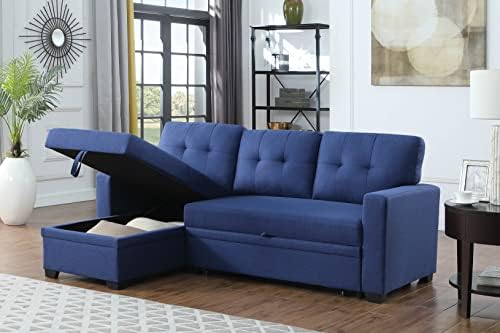 Devion Furniture L-Shape Linen Sleeper Sectional Sofa for Living Room, Home Furniture, Apartment, Dorm Sofabed, Blue