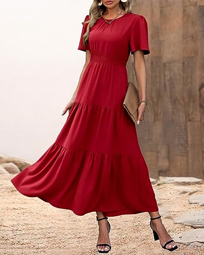 Image of PRETTYGARDEN Women's Casual Smocked Boho Floral A-Line Maxi Dress 2026 | Summer Short Flutter Sleeve Crewneck Tiered Long Sundress,Fall Wedding Guest Dresses,Spring Cute Flowy Beach Vacation Clothes