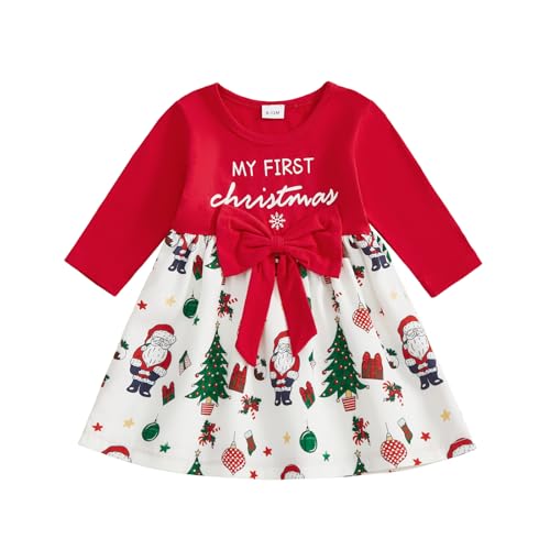 Neugeborenes Baby Mädchen Mein erstes Weihnachten Schleife Kleid Langarm Rundhalsausschnitt Buchstaben Druck Weihnachtsmann Grafik A-Linie Saum Midi Weihnachtskleid (Rot, 3-6 Months)