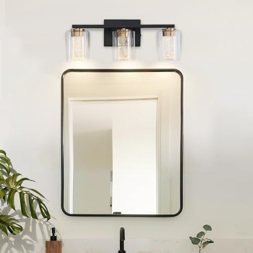 Image of 3-Light Black Bathroom Light Fixture, Dimmable 5CCT Black and Gold Bathroom Vanity Lights, 2700K to 6500K Modern Crystal Bubble LED Wall Sconce Over Mirror with Clear Glass