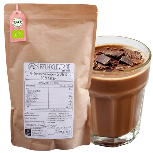 süssundclever.de® Bio Trinkschokolade ohne Zucker | 1,0 kg | hoher Kakaoanteil | mit Erythrit gesüßt | Kakao | Kakaopulver | plastikfrei und ökologisch-nachhaltig abgepackt