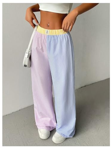 OYOANGLE Women's Colorblock Striped Baggy Pants Elastic Waist Wide Leg Casual Trousers4