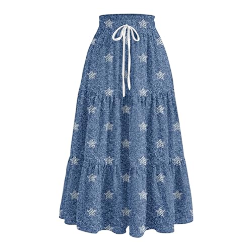 Women's High Waist Long Denim Skirt Button-Fly Tiered Pleated Ruffle Swing Elastic A-Line Jean Maxi Skirt with Pockets