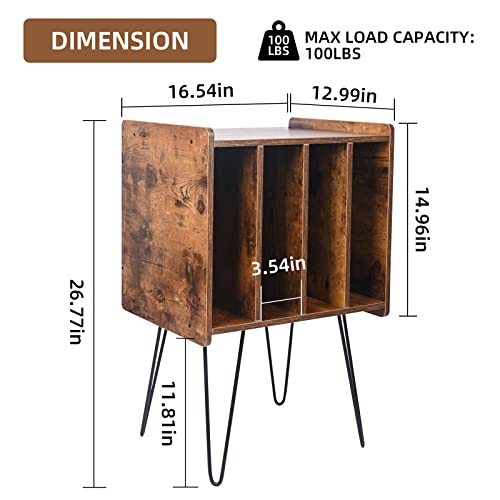 Zedesey Record Player Stand, Vinyl Record Holder Turntable Stand With Metal Legs Record Storage Vintage End Table For Living Room, Bedroom, Rustic Brown #TOP2