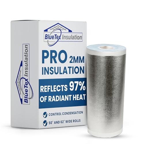BlueTex 2mm PRO Metal Building Insulation – EPE Foam with Pure Aluminum Foil & White Tearproof Woven Backing – Weatherproofing, Reflective Insulation, Reflects 97% Radiant Heat (62" Wide, 700 sq ft)