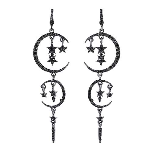 Moon and Star Drop Earrings Exaggerated Fashion Long Drop Dangle Stud Drop Earrings for Women,Black