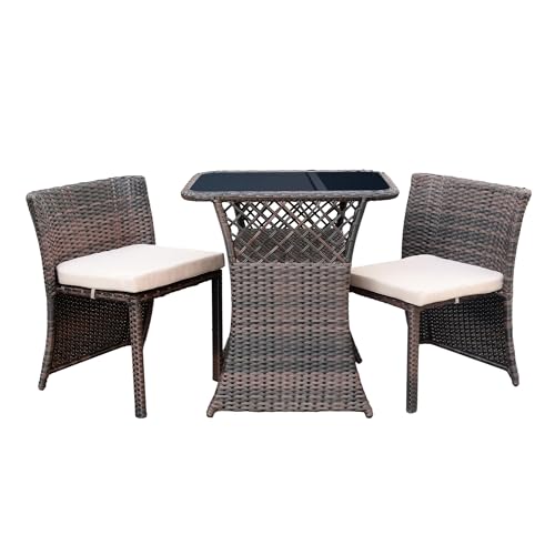 Jeco Inc. 3PC Wicker Chair/Table Bistro Set Brown with Ivry Cushion