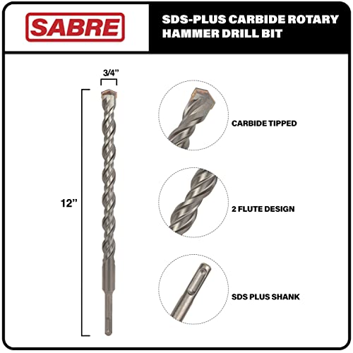Sabre Tools 3/4 Inch X 12 Inch Sds Plus Rotary Hammer Drill Bit, Carbide Tipped For Brick, Stone, And Concrete Version 2 (3/4" X 10" X 12") #TOP1
