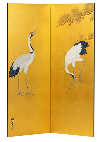 Amazon | 【肉筆美術金屏風】野口雅宝作 金彩大鶴絵二曲屏風 | まろ庵