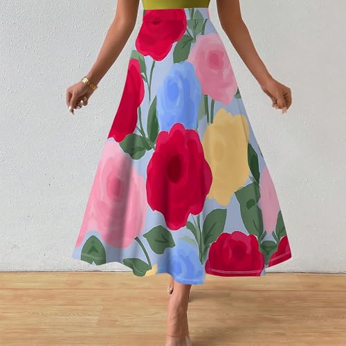 Women's Flowy Flared Ruffle Boho Long Skirt High Waist Casual Flowy Swing Pleated A Line Beach Midi Skirts4