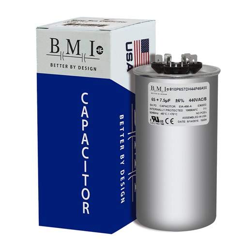 65 + 7.5 uF x 370 or 440 VAC Round - BMI USA Made Capacitor # 810P657DH44P46A5X Universal Replacement