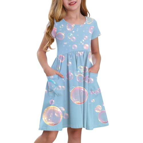 Girls Summer Cute Print Dress with Pockets Short Sleeve Casual Sundress for Kids, Ages 2-14